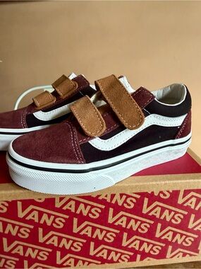 Vans Kids Burgundy, Brown & White Velcro Skate Sneakers